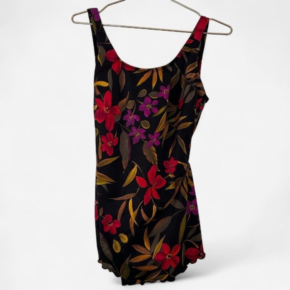 Vintage black 80s floral tropical ruffle skirt one piece swimsuit size 14 Large - Picture 2 of 8